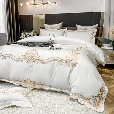White Gold Red Luxury Baroque Europe Embroidery Duvet Cover Set, 600TC Cotton Bedding Set